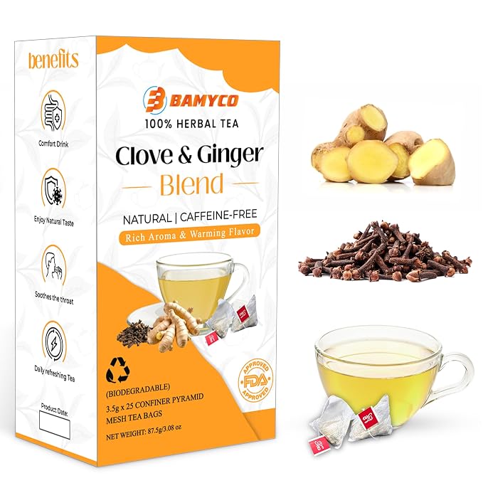 Clove & Ginger Tea Bags Caffeine Free Herbal Tea, 25 Pyramid Clove Tea Bags