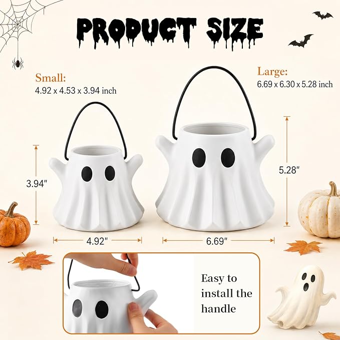 FoldTier 2 Pcs Halloween Ghost Planter Vase Candy Bowl Bucket with Handle | Resin Ghost Design, Multipurpose Flower Pot and Candy Holder, Indoor Outdoor Decor, Home Garden Table Centerpiece for Party