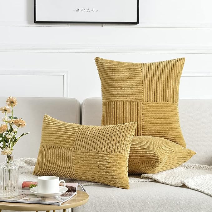 Fancy Homi Mustard Yellow Decorative Throw Pillow Covers 18x18 Inch for Living Room Couch Bed, Farmhouse Boho Home Decor, Soft Corss Corduroy Patchwork Textured Accent Cushion Case 45x45 cm