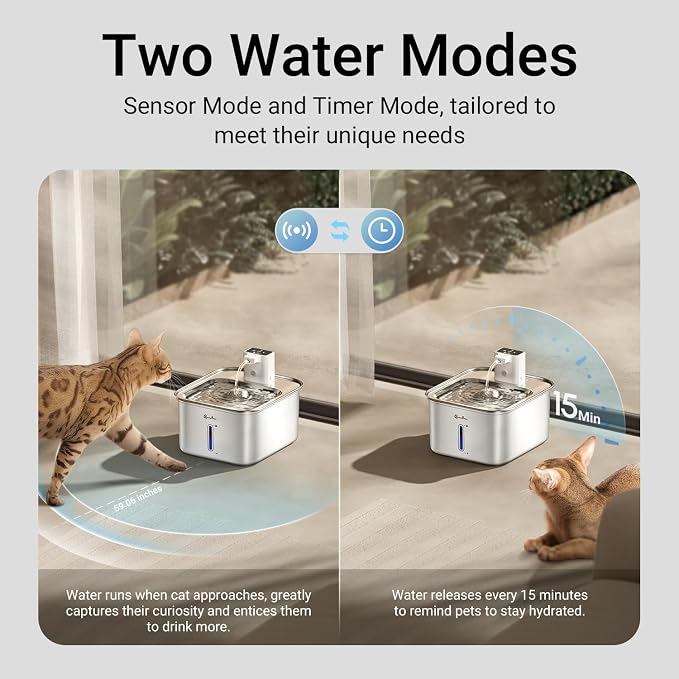 DownyPaws Cat Water Fountain Stainless Steel Wireless Automatic, White | Cordless Battery Operated Pet Water Fountain, 101 Oz/3L Water Fountain for Cats Drinking with Motion Sensor