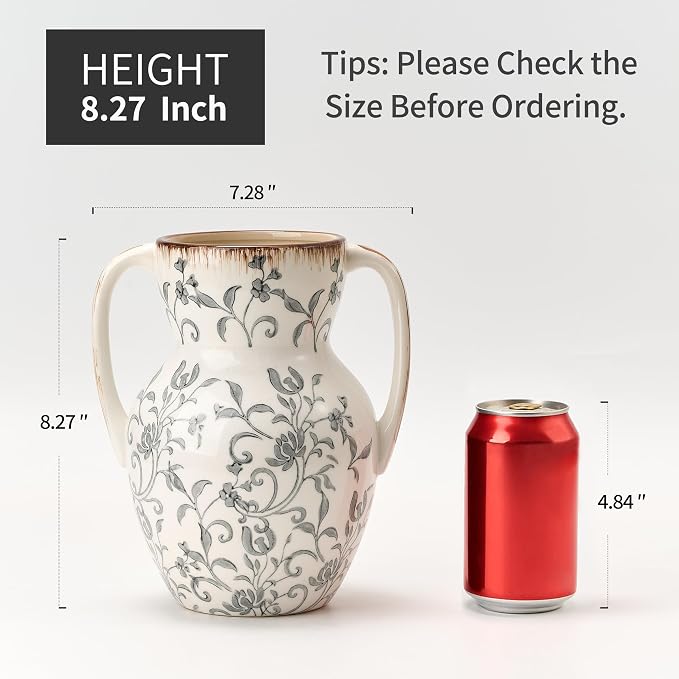 Emotionally Grounded Vase, Vaseking Large Ceramic Rustic Vase with 2 Handles, 8.3 inch Minimalist Decorative Farmhouse Tall Vases for Home Decor, Living Room, Enterway, Table Decoration, Gray Floral