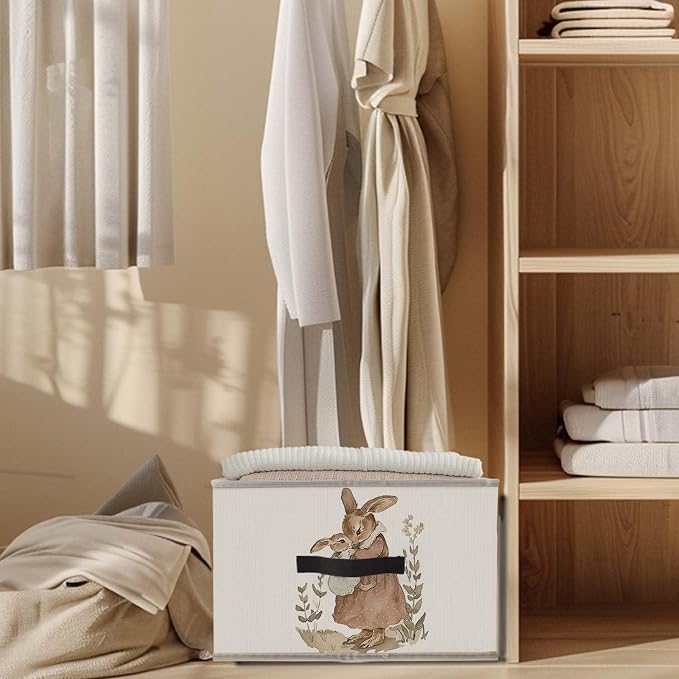 Vintage Bunny Storage Bins Basket, Toybox for Girls Room, Retro Rabbit Mom and Baby Collapsible Fabric Storage Box Organizer for Bedroom Bathroom Clothes Books Toys