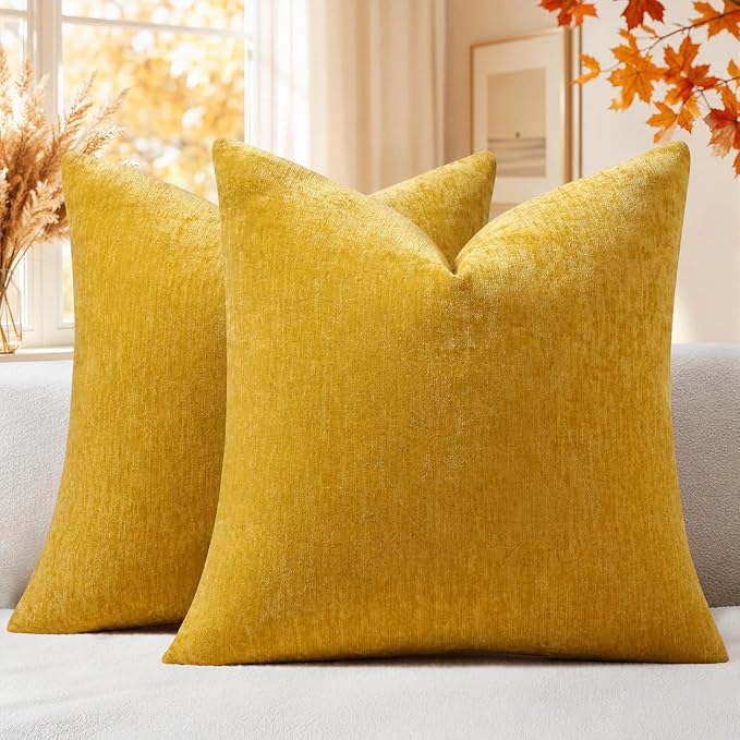 decorUhome Soft Chenille Mineral Yellow Throw Pillow Covers 20X20 Set of 2 | Decorative Fall Couch Pillow Covers Solid Dyed Accent Modern Farmhouse Neutral Square Pillow Cases for Sofa