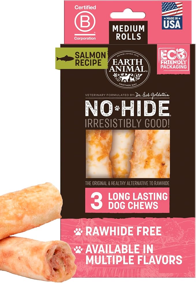 Earth Animal No Hide Dog Chews - Rawhide Free Medium Rolls 3 Count Salmon | Medium Salmon Flavored Natural Rawhide Free Long Lasting Dog Chews - Treats for Medium Dogs and Aggressive Chewers