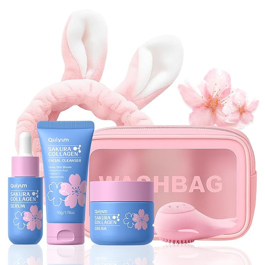 Sakura Collagen Skin Care Set - 5pcs Skincare with Facial Cleanser, Serum, Cream, Pink Facial Brush, Bunny Hair Band & Makeup Bag, Deep Cleansing, Hydrating, Firming, Even Tone, Radiance