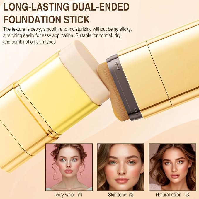 Luminous Dual-Ended Concealer Foundation Stick,Korean 3-in-1 Foundation Stick with Concealer & Brush,Double Head Foundations Make up Sticks,Full Coverage Korean Makeup Skin Tint(#02 Skin Tone)