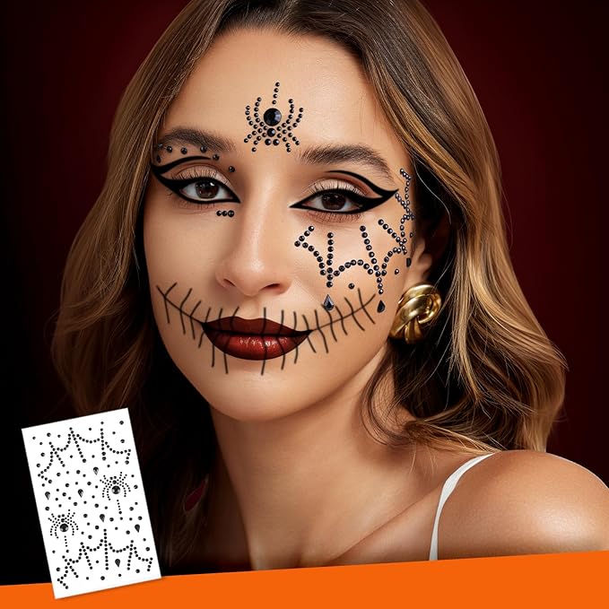 YGDZ Face Gems, Face Jewels for Women, Stick On Red, Black Face Rhinestones, Halloween Makeup Face Stickers, 3D Spider Web Jewels Stickers, Rave Accessories