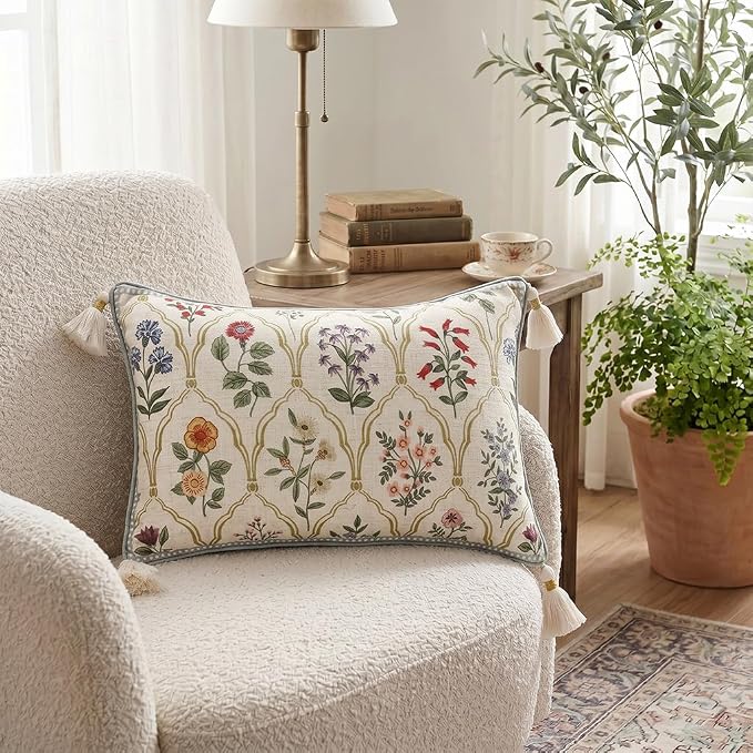Designer Vintage Linen Throw Pillow Cover,20"x12"-Serenity B | French Elegant Rectangle Decor Pillow Cover,Concealed Zipper Design,Colorful Floral Pattern,Sofa,Bedroom,Living Room,Chair