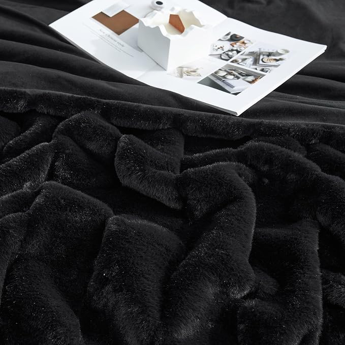 Cozy Bliss Deluxe Sheared Rabbit Faux Fur Throw Blanket, Black 60"x80" | Soft Fuzzy High-Low Sculpted Plush Blanket for Couch, Cozy Home Accent, All Season Use