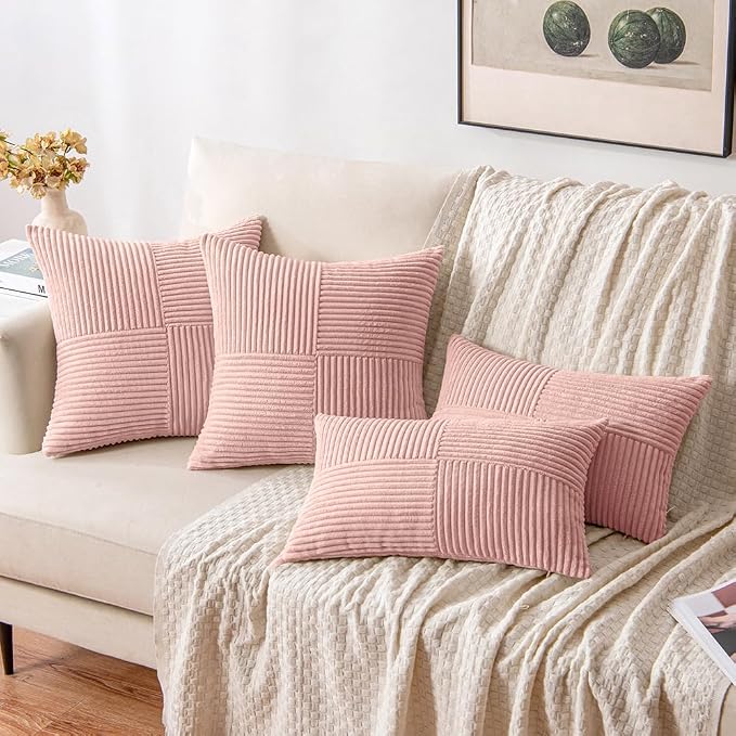 MIULEE Pillow Insert 18x18 Inch Pink Corduroy Pillow Covers Pack of 2 Boho Decorative Spliced Throw Pillow Covers