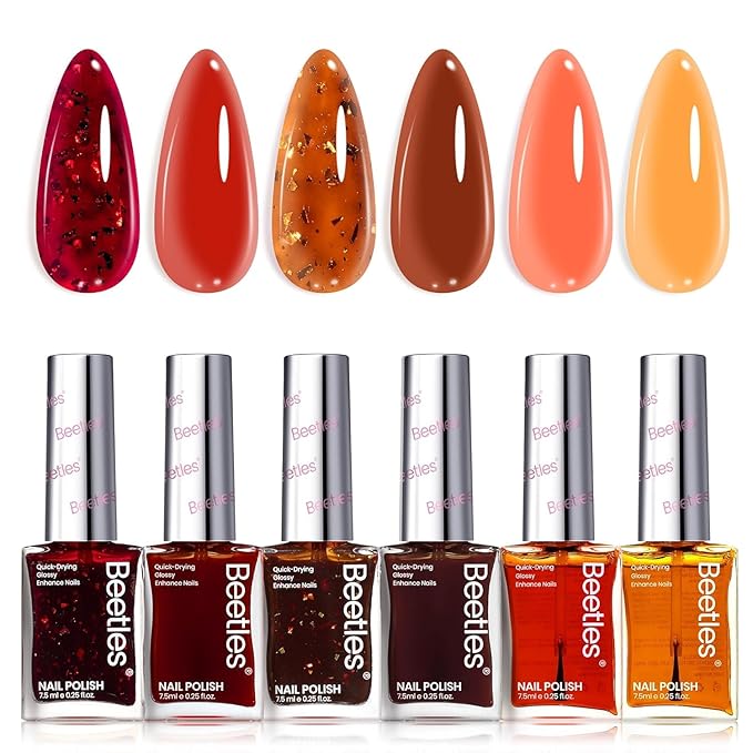Beetles Spring Nail Polish Set - Golden Harvest 6 Colors Quick Drying Long-Lasting Burgundy Red Brown Jelly Glitter Spring Nail Polish for DIY At-Home Manicure Spring Gift for Women