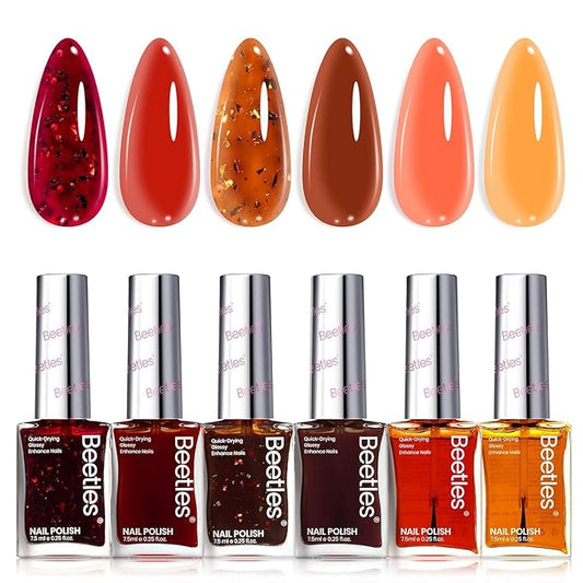 Beetles Spring Nail Polish Set - Golden Harvest 6 Colors Quick Drying Long-Lasting Burgundy Red Brown Jelly Glitter Spring Nail Polish for DIY At-Home Manicure Spring Gift for Women