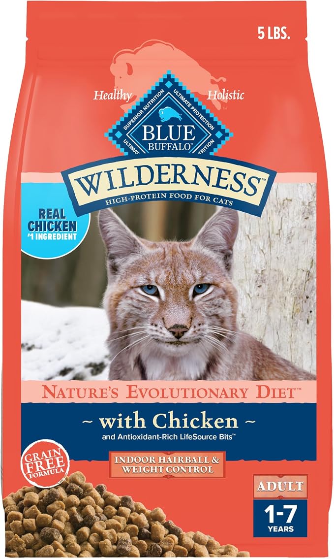 Blue Buffalo Wilderness Indoor Hairball & Weight Control Dry Cat Food, 5 lb | High Protein, Real Chicken #1 Ingredient, Supports a Healthy Weight in Adult Cats, Promotes Healthy Digestion