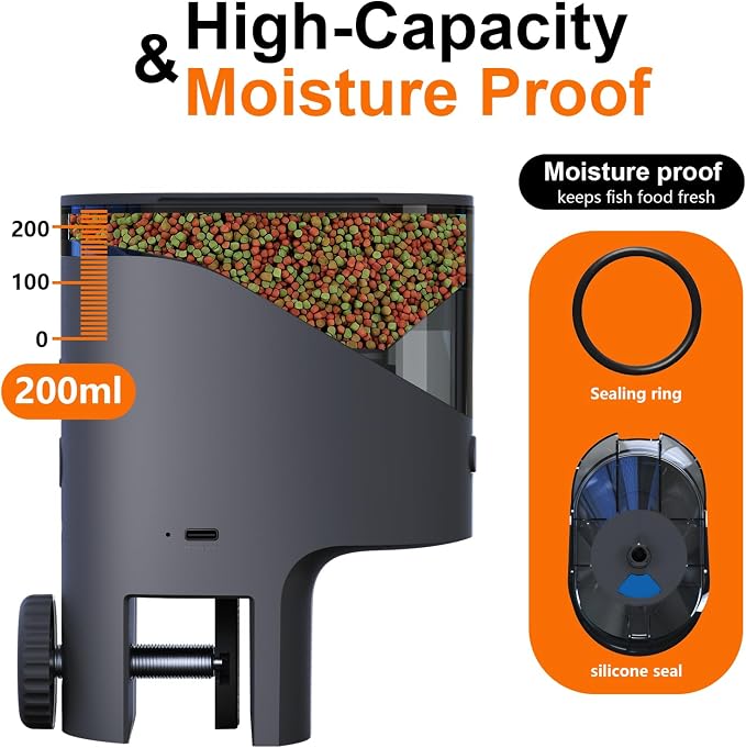 WiFi Automatic Fish Feeder with 2.5K Camera, 2.4/5G Smart App Control, Vacation Feeding Timer, 200ml Moisture-Proof Flake Food Dispenser, Remote Precision Aquarium Feeder for 10+ Gallon Tanks