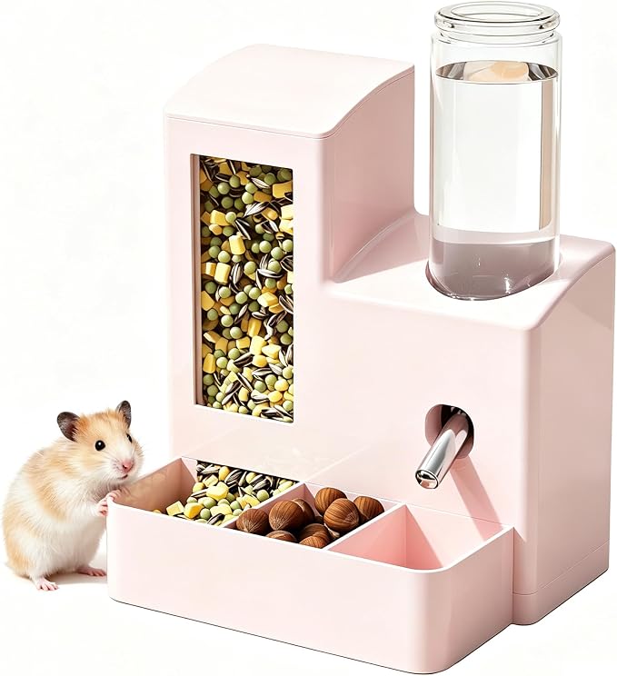 YSHOME&PET 2 in 1 Hamster Water Bottle No Drip Automatic Food Feeder | Small Animal Water Dispenser and Food Bowl with Snack Bowl Cage Accessories for Hamster Gerbils Mouse Hedgehog