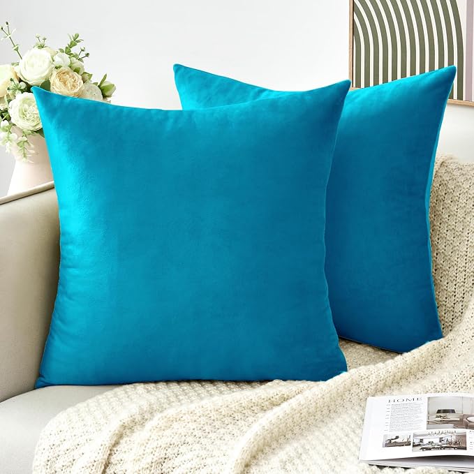 Throw Pillow Covers Decorative Velvet Set of 2 16x16 Inch Pillow Covers, Soft Teal Pillowcases for Couch Sofa Bed Living Room, Farmhouse Home Boho Decor, Square Accent Cushion Covers