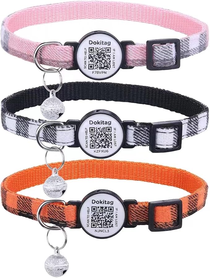 3pack Cat Collar Breakaway with QR Code Name Tag,Pet ID Tag,Collar with Bells,Online Profile-Scan QR Receive Instant Pet Location Alert Email (Pink & Black & Orange)