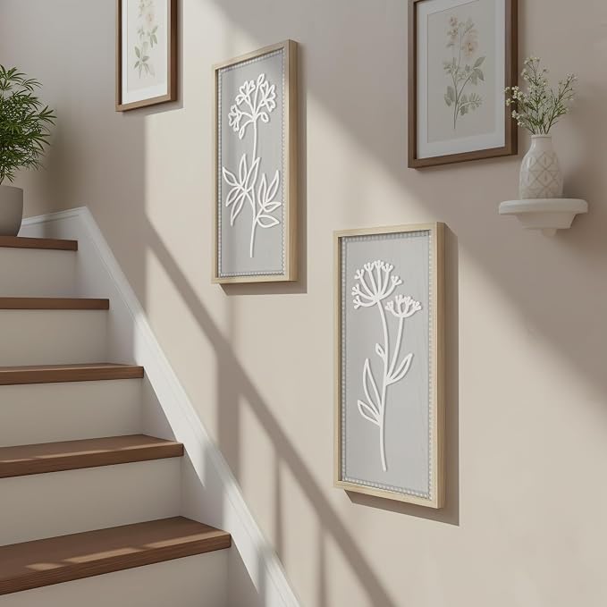 Gray Bathroom Wall Decor Set of 2, Rectangular 3D Wooden Floral Wall Art | Raised white floral cutouts in rectangular frames, ready to hang; neutral boho farmhouse decor for bedroom and hallway walls
