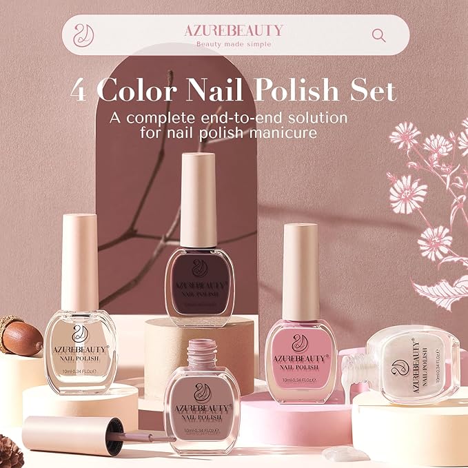 AZUREBEAUTY Nail Polish Set 4 Colors Fall Winter Brown Pink Glitter Nail Polish Quick Dry Natural Nail Lacquer Fingernail Kit with Top Coat DIY
