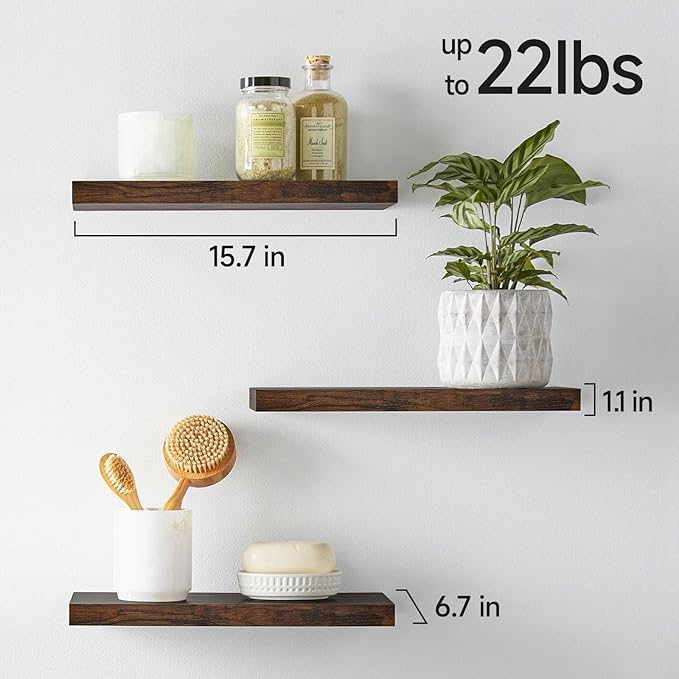 BAYKA Rustic Brown Bathroom Floating Shelves, 15.7in, 3Pk, Wall Mount Shelf | 22lbs Max Load, Hidden Bracket, for Living Room Bedroom Kitchen Display Storage Decor, Easy Install, Multi-Wall Compatible