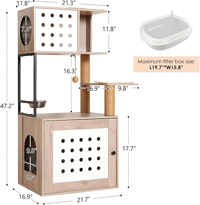 Cat Tree & Litter Box Enclosure,Modern All-in-one Indoor Cats Tower with Large Platform, Cat Condo with Wood House, Food Station, Hammocks (21.7”)