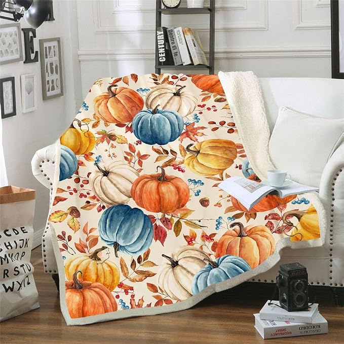 Fall Pumpkins Throw Blanket, Autumn Orange White Blue Pumpkins Leaves and Berries Soft Warm Fleece Blanket for Living Room Couch Bed Chair or Dorm, 40"x50"