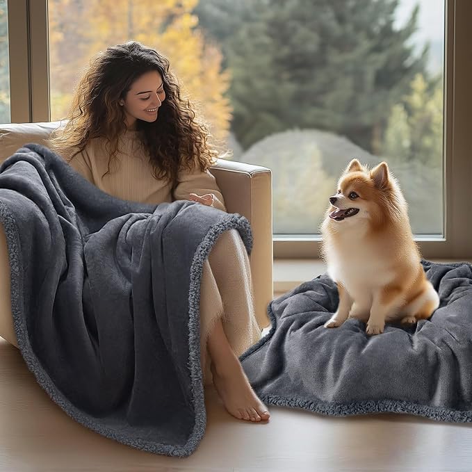 Waterproof Pet Blanket, Liquid Pee Proof Dog Blanket for Sofa Bed Couch, Reversible Sherpa Fleece Furniture Protector Cover for Small Medium Large Dogs Cats, Dark Gray Small（40" x 28"） (Pack of 2)