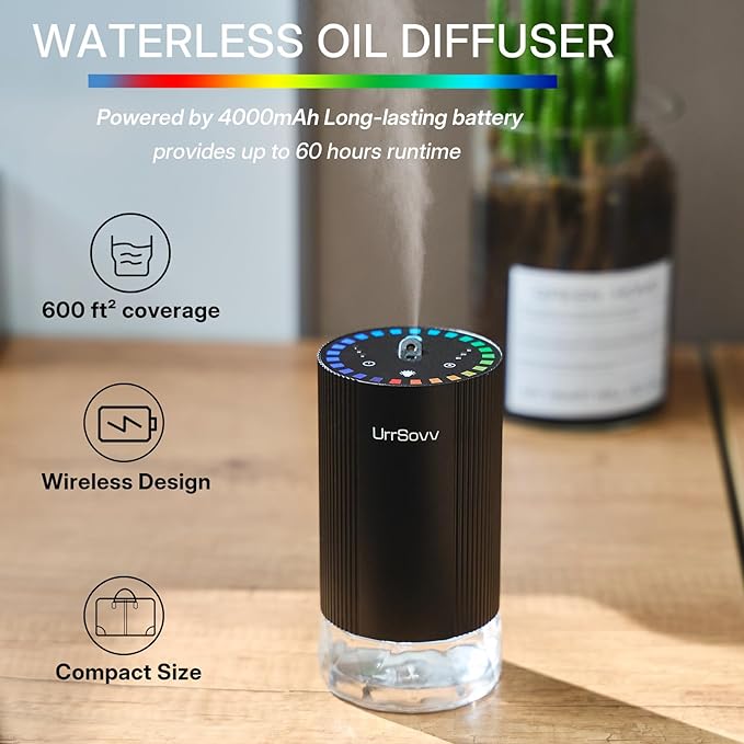 UrrSovv Waterless Car Essential Oil Diffuser Battery Operated (Gold) | Waterless Aluminum Alloy 4000mAh Long Lasting Battery Operated Essential Oil Diffuser for Car Home Office