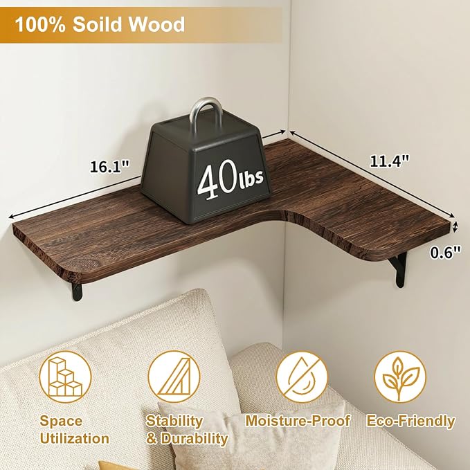 Fixwal Conner Floating Shelves for Wall Decor, Dark Carbonized Black 5pcs | Solid wood shelf with metal brackets, holds 40 lbs. Optimizes corner storage. Fits bathroom, kitchen, bedroom & living room.