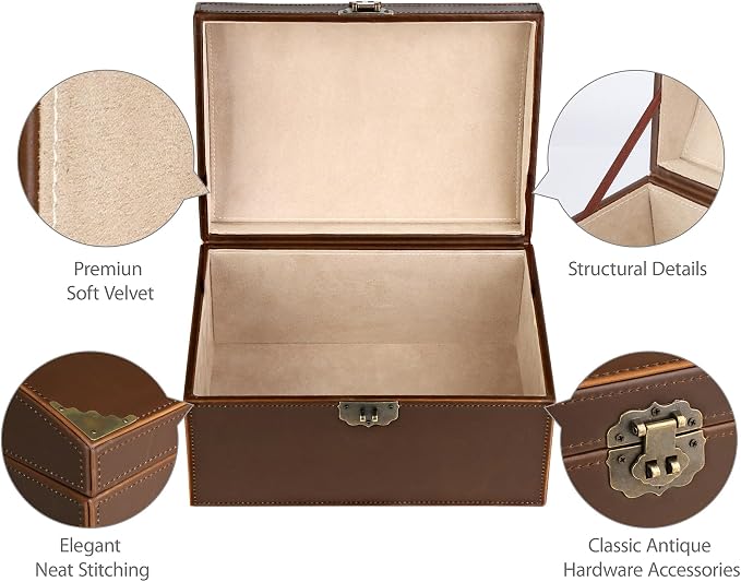 HofferRuffer Faux Leather Decorative Box, Large Wooden Structure Keepsake Box Accessory Organizer Jewelry Organizer with Hinged Lid, Storage Container for Home or Office (Antique Brown)