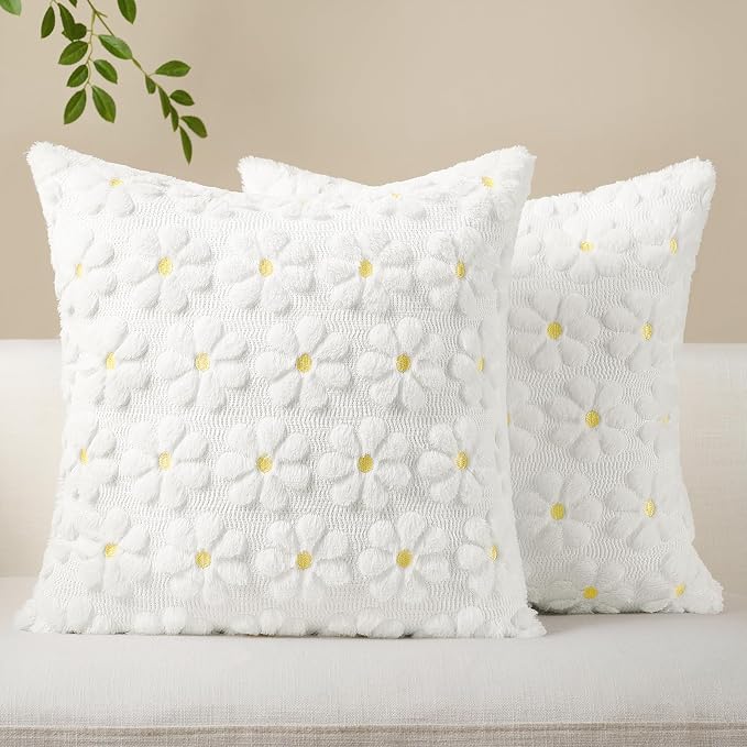 Softalker Spring Summer Decorative Pillow Covers 18 x 18 Inch Set of 2,Outdoor Farmhouse Floral Daisy Soft Faux Fur Cushion Covers, 3D Pillow Cases for Bedroom Living Couch Sofa Home Decor, White