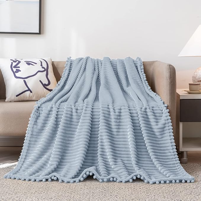 DISSA Fleece Blanket Throw Size – 51x63, Grey – Soft, Plush, Fluffy, Fuzzy, Warm, Cozy – Perfect Throw for Couch, Bed, Sofa - with Pompom Fringe - Flannel Blanket Throw Blanket