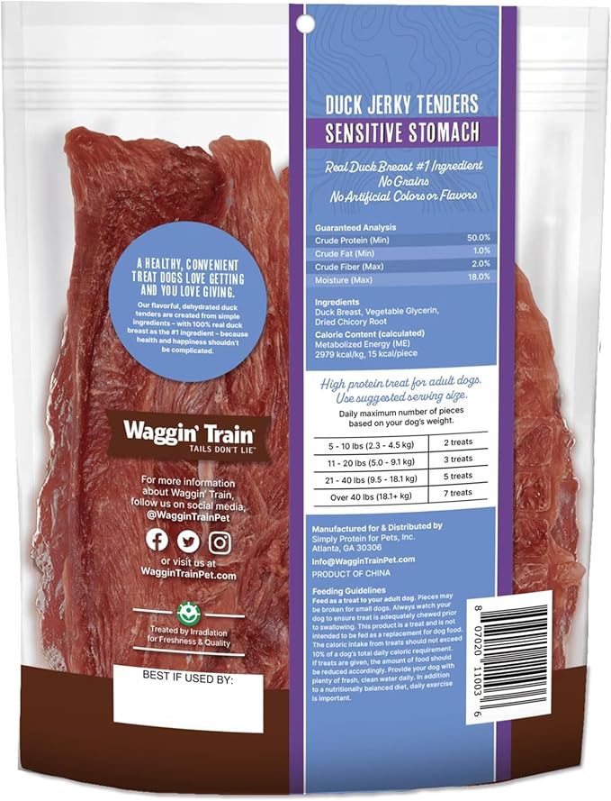 Waggin' Train Duck Jerky Dog Treats for Dogs with Sensitive Stomachs, Made with 100% Real Duck Breasts, Three All-Natural Ingredients, High Protein Dog Treat, Easily Digestible for Dogs, 36 oz. Pouch