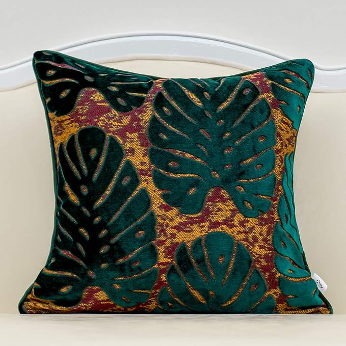 Alerfa 20 x 20 Inch Square Leaf Pillow Embroidery Cut Velvet Cushion Case Luxury Modern Lumbar Throw Pillow Cover Decorative Pillow for Couch Sofa Living Room Bedroom Car, Teal Green