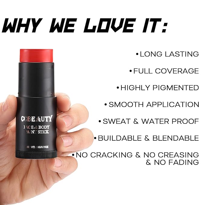 CCbeauty Devil Red Face Paint Stick,Face Painting Kit,Non Toxic SFX Makeup For Clown Spider Halloween Costume Cosplay,Professional Body Paint Stick,Full Coverage Painting Foundation With Makeup Sponge