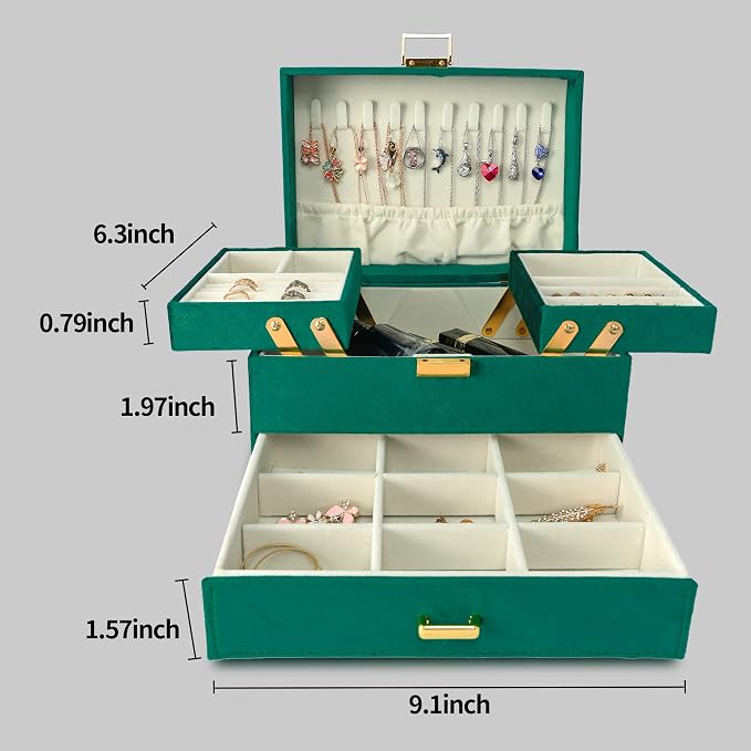 Jewelry Organizer Box, Large Velvet Jewelry Boxes for Women Girls, Space-Saving 3 Layers Jewelry Storage Case with Drawer, Movable Metal Stand, Modern, Gift Idea (Green)
