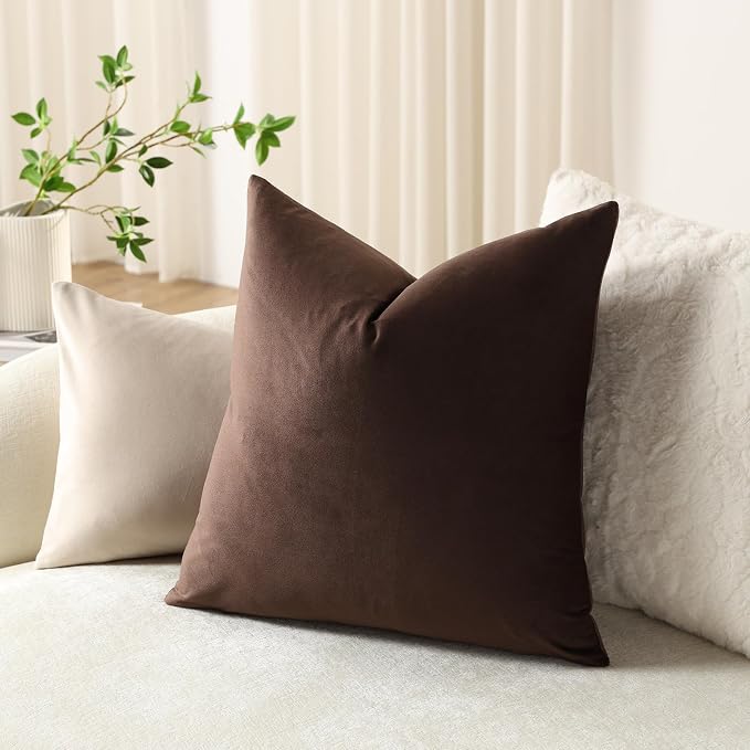 Throw Pillow Covers 20x20 Chocolate Brown: Pack of 2 Cozy Soft Velvet Square Modern Luxury Decorative Throw Pillow Cases for Sofa Couch Living Room Bed Home Decor
