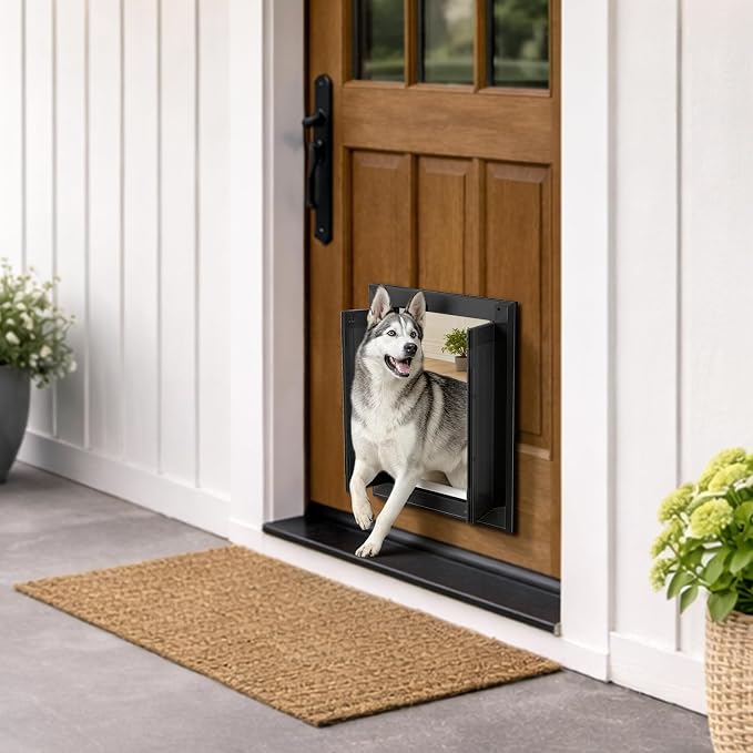 Extra Large Heavy Duty Aluminum Dog Door, Black for 200 LBS Dogs | French aluminum dog door with double magnetic flaps & telescoping tunnel, sturdy frame for dogs up to 200 LBS