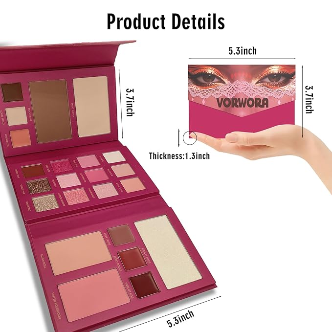 All in One Makeup Palette - Foldable Travel Make Up Kit Set includes Highly Pigmented Eyeshadow, Buildable Contour, Color Correction Concealer, Shine Highlighter, Blush, Lip for Face Paint