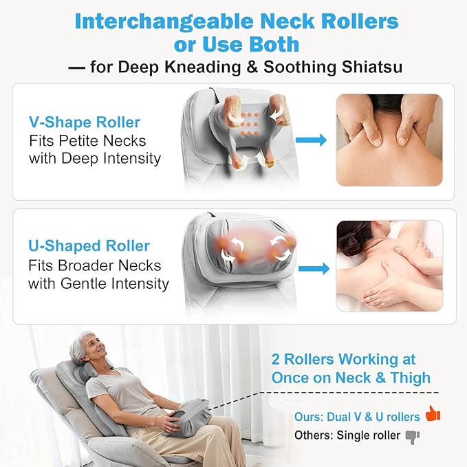 Shiatsu Neck Back Massager with Heat - 4D Kneading Full-Body Massage Cushion with Vibration, Dual-Neck Design, Adjustable Intensity, Height for Release Stress, for Office Chair, Home, Grey