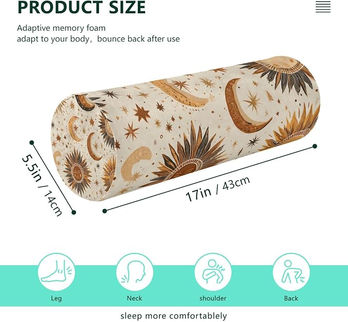 Brown Boho Sun Moon Neck Roll Pillow Bolster Round Health Memory Foam Long Cervical Cylinder Pillows with Removable Washable Cover for Body Bed Legs Back Yoga
