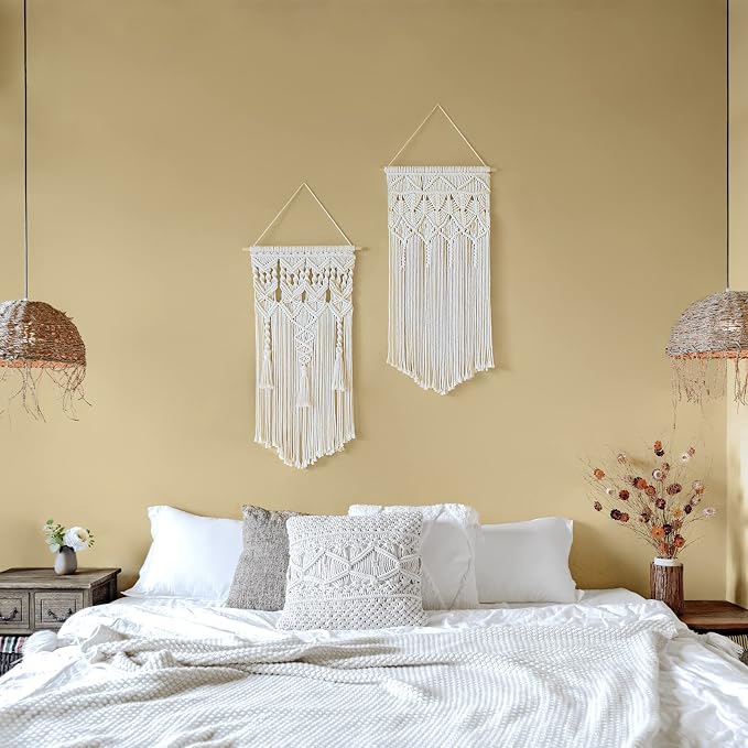 Mkono 2 Pcs Macrame Wall Hanging, Boho Woven Chic Tapestry Decor, Ivory | 32"L x 16.5"W, Bohemian Wall Decor, Hand-Woven Craft, Multi-Scene, Bedroom Nursery Living Room Apartment, Girls Adults Gift