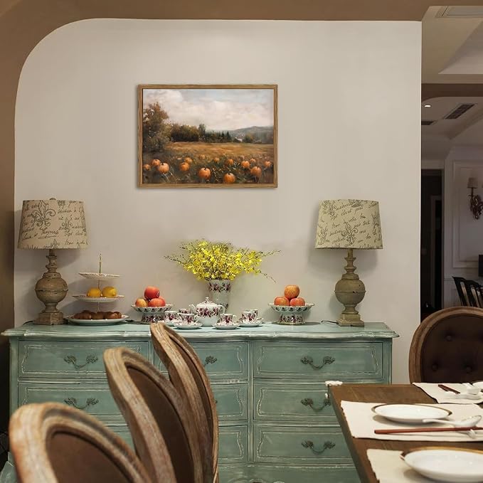 Framed Vintage Pumpkin Wall Art, Farmhouse Pumpkin Field Pictures Wall Decor, Rustic Harvest Landscape Paintings Canvas Prints Country Fall Home Decor for Living Room Kitchen 12×16 inch
