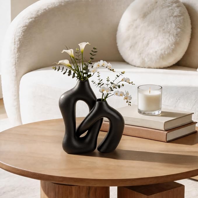 Dowan Black Vases for Decor,Hollow Ceramic Vase Set of 2,8.3" Nordic Modern Boho ins Style Decorative Ceramic Aesthetic Flower Vase for Home Decor Modern Minimalist Table, Entryway Centerpieces