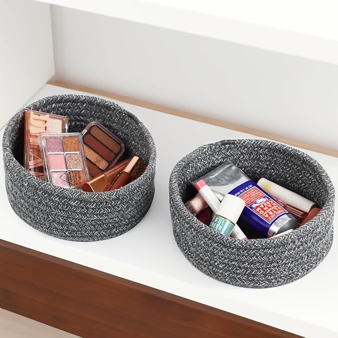 Small Woven Cotton Rope Baskets, Set of 3, Grey | Mini Round Baskets, Gift and Storage Baskets, Nursery Organizer, Bathroom Countertop Bins, Decorative Boho Decor