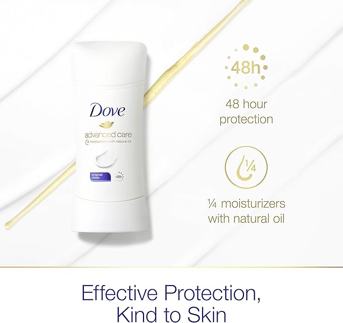 Dove Advanced Care Antiperspirant Deodorant Stick for Women, Original Clean, for 48 Hour Protection And Soft And Comfortable Underarms, 2.6 oz