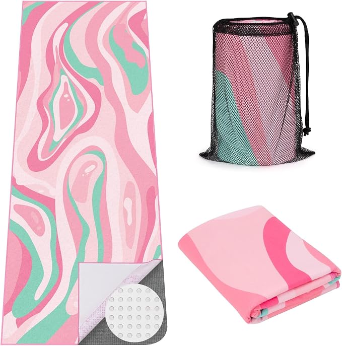 Yoga Mat Towel Cover with Large Corner Pockets, Non Slip Grip Microfiber Mat Cover Mat for Hot Yoga, Pilates and Gym Workout, 70" L x 26" W, Pink