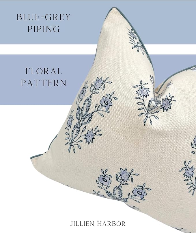 “The Mary” Blue and White Decorative Throw Pillow Cover – Floral Block Print Pillow Cover – Grandmillennial Home Decor, 19" x 19"