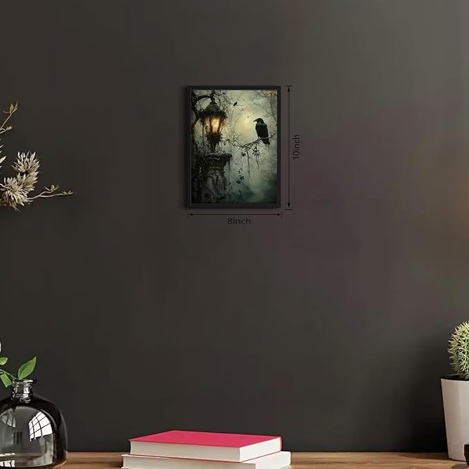 Gothic Decor Framed Wall Art, Vintage Dark Academia Canvas Prints, Horror Forest Crow Wall Decor for Living Room Bedroom Home Decor – Black Wooden Frame 8x10in