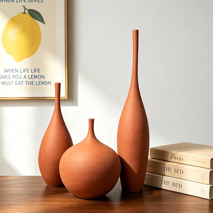 Ceramic Vases Set of 3, Modern Boho Vases for Centerpiece Decor, Matte Terracotta Brown Minimalist Decorative Vases for Home Decor, Living Room, Bookshelf, and Entryway Table Decor